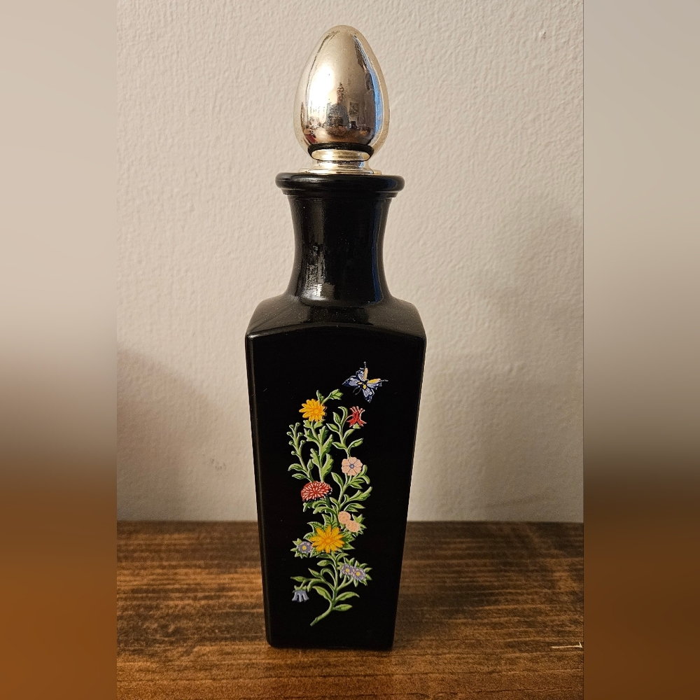 Vintage Avon Roses, Roses Cologne Bottle Fliral Hand Painted Black Glass